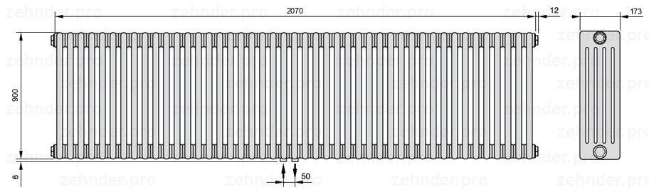 Схема (чертеж) Радиатор Zehnder Charleston 5090/45 №3470 Белый глянцевый RAL 9016